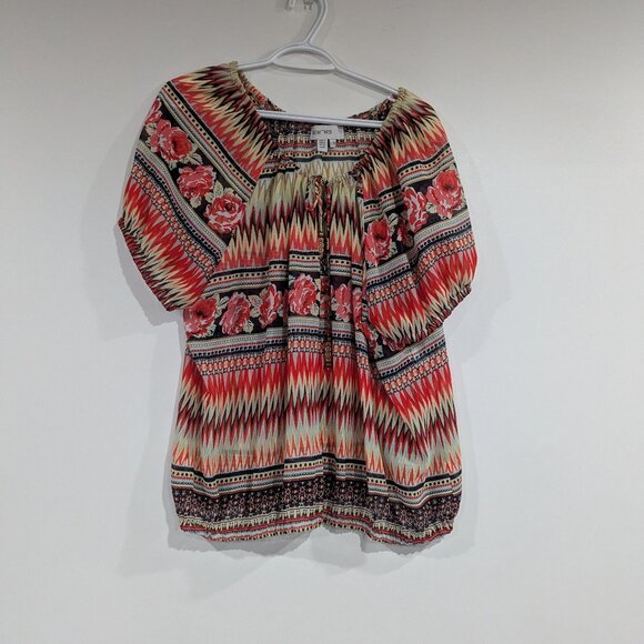 Lana Lee Sheer Patterned Short Sleeve Peasant Blouse Red Yellow Black Size XL - Picture 1 of 4